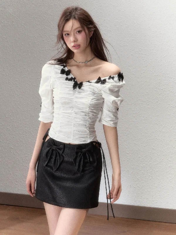 White V-Neck Bowtie Off-Shoulder Blouse Frilled Cuff Blouse