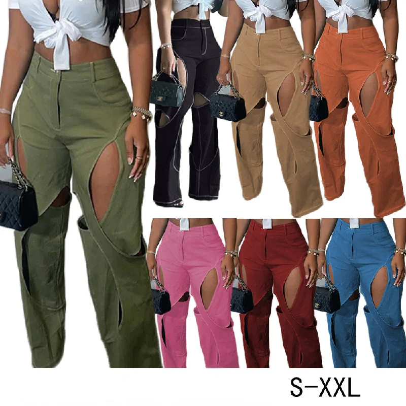 Cotton Fried Dough Twists hollow casual pants（CL11942） Chic Faux Leather Pants