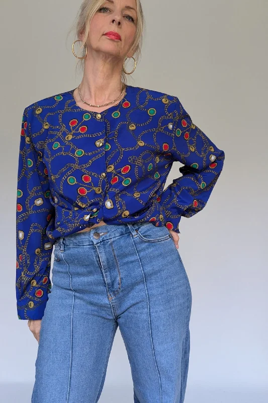 80's Blue Chain Print Blouse Collared Satin Blouse
