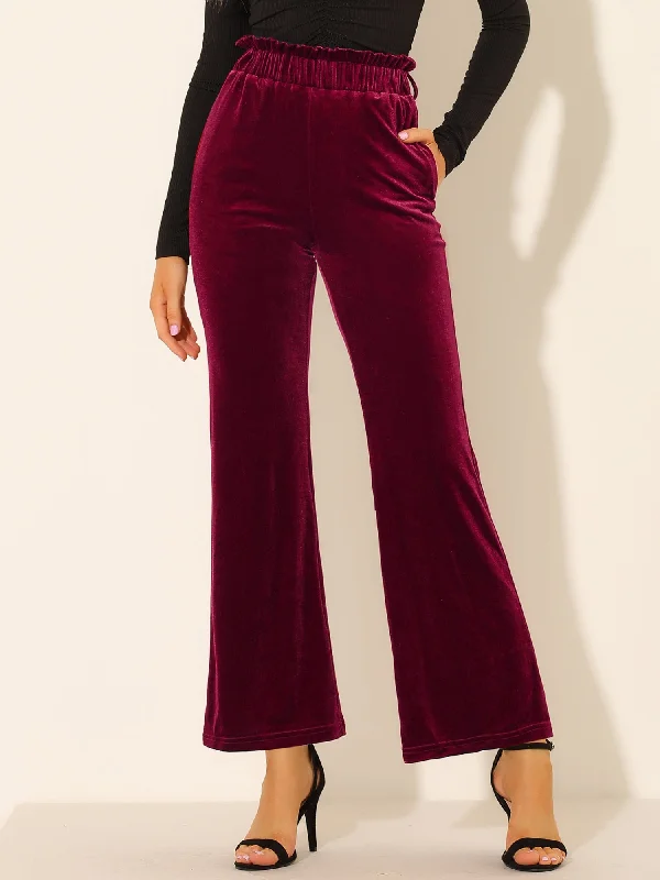 Velvet Tie Waist Pockets Stretchy Wide Leg Pants Relaxed Fit Trousers