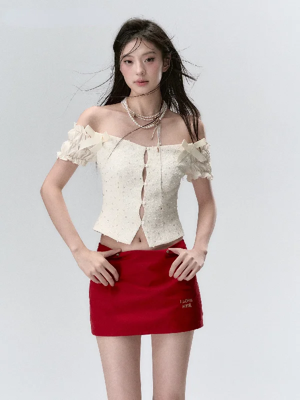 Off-the-Shoulder Sparkly 3D Pearl Mesh Blouse Modern Work Blouse
