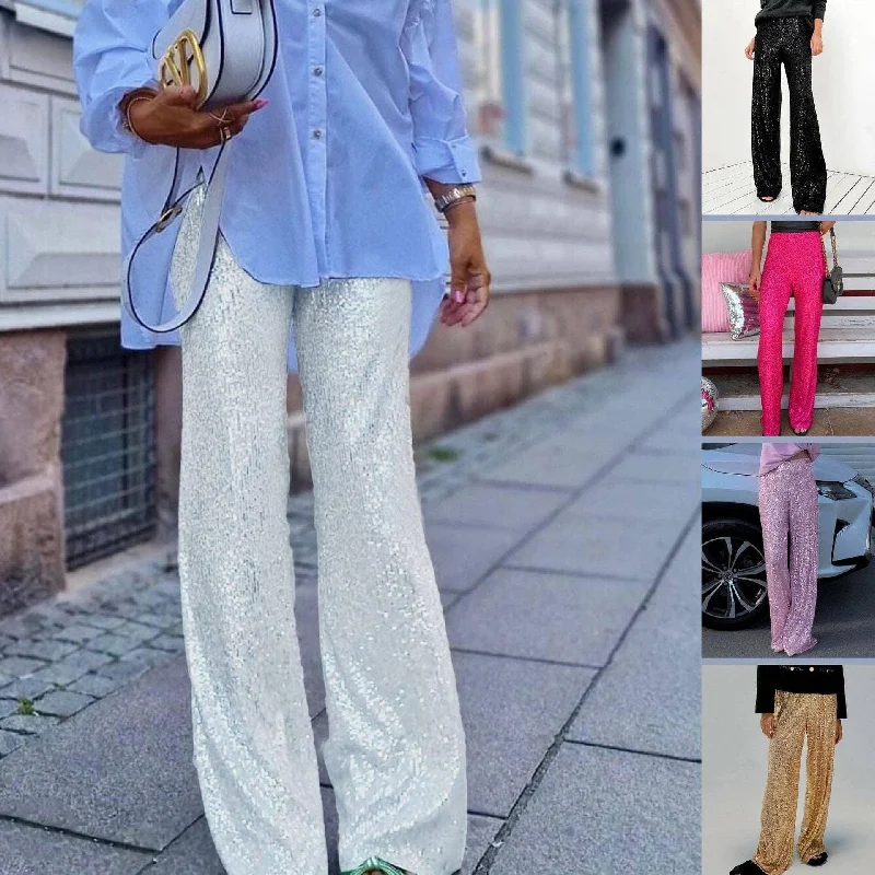 Ladies Solid Glitter Sequin Long Loose Pants LH0559 Fashionable Track Pants