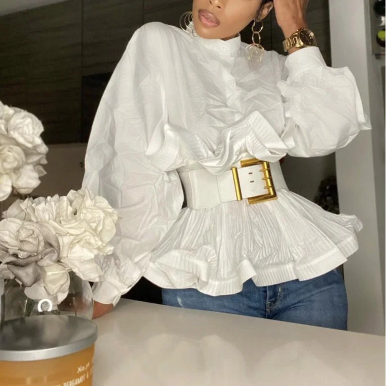 2022 Streetwear elegant puff sleeves blouse tops with belt stand collar ruffle ladies shirts blouses tops women Business Casual Blouse 2022 Streetwear elegant puff sleeves blouse tops with belt stand collar ruffle ladies shirts blouses tops women Business Casual Blouse