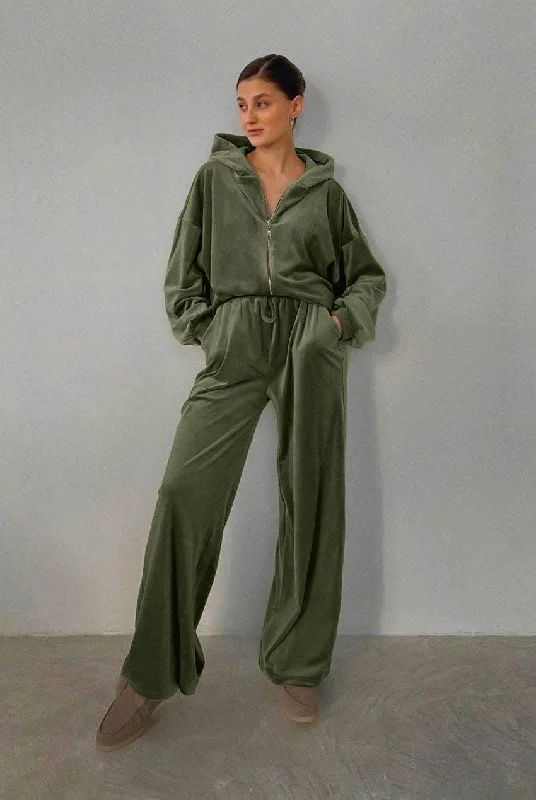Ladies Zipper Hooded Coat Loose Pants Velvet Set 2TZ7115 Formal Stretch Pants
