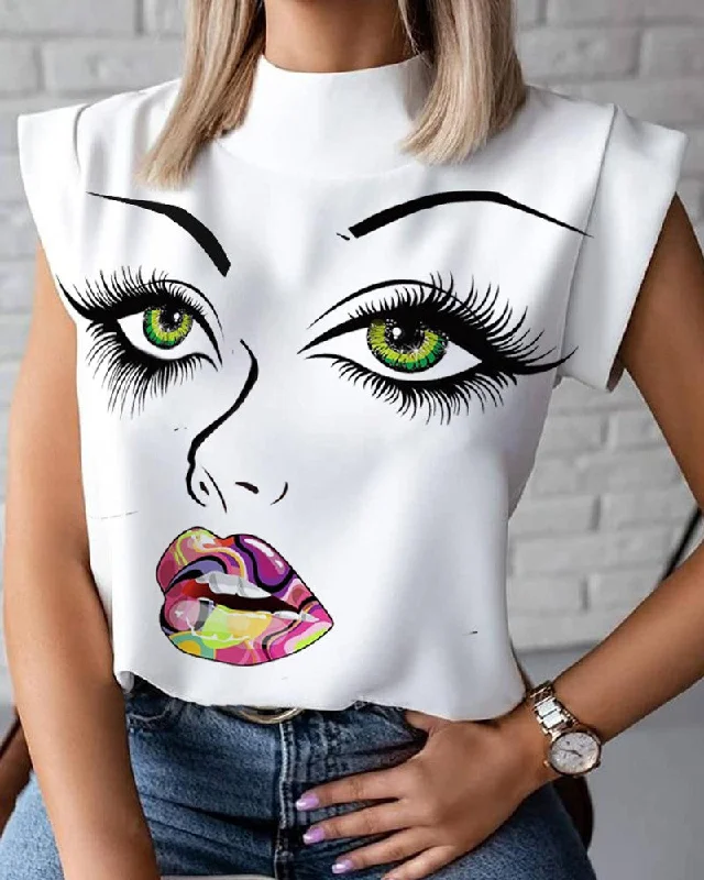 Summer Large Size Shirt Short Sleeve Printed Lip Women Casual Blouse Office Formal Blouse Summer Large Size Shirt Short Sleeve Printed Lip Women Casual Blouse Office Formal Blouse