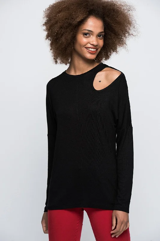 Women's Black Shoulder Drop Blouse Double Button Blouse