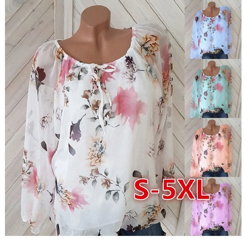 S-5XL Summer Women's Fashion Plus Size Long Sleeve Crew Neck Floral Print Chiffon Shirt blouse Feminine Puff Blouse S-5XL Summer Women's Fashion Plus Size Long Sleeve Crew Neck Floral Print Chiffon Shirt blouse Feminine Puff Blouse