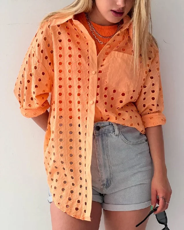 New Arrivals Spring Casual Fashion Hollow Out Women Blouse Shirts Lapel Long Sleeve Button Up Ladies' Blouses Tops Smart Casual Blouse New Arrivals Spring Casual Fashion Hollow Out Women Blouse Shirts Lapel Long Sleeve Button Up Ladies' Blouses Tops Smart Casual Blouse