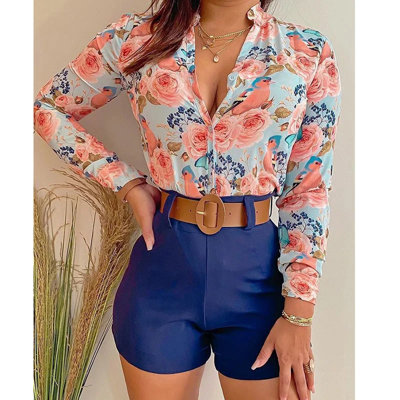 Women Floral Print Stand Collar Long Sleeve Tie Front Causal Top Shirt Blouse V Neck Ladies Top Casual Button Slim Satin Drape Blouse Women Floral Print Stand Collar Long Sleeve Tie Front Causal Top Shirt Blouse V Neck Ladies Top Casual Button Slim Satin Drape Blouse
