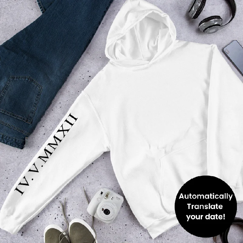 Roman Numeral Personalised Sleeve Hoodie Hoodie with Longline Fit Extended Stylish