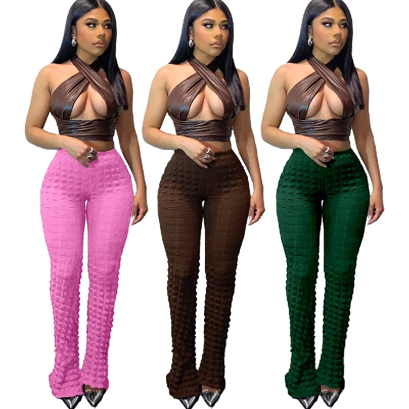 High-rise Stretch Skinny Bubble Checked Flared Pants (CL11193) Comfy Athletic Pants