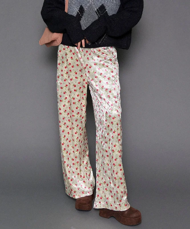 Flower Velor Easy Pants Trendy High-Waist Trousers
