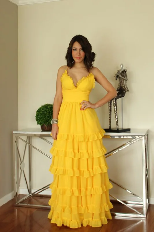Charming Yellow A-line Tiered Ruffle Prom Dress,Yellow Graduation Dress  cc1289