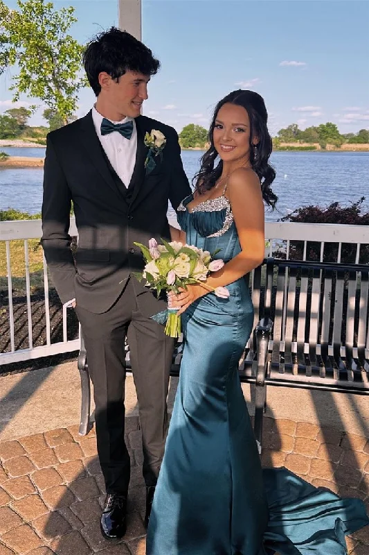 Ink Blue Beaded Mermaid Straps Satin Long Prom Dress with Slit cc1165