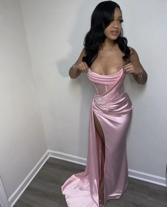 Sexy 17th Birthday Dress Strapless Mermaid Prom Dresses for Black Girls Thigh-High Slits Pleats Beading Birthday Outfits cc1232