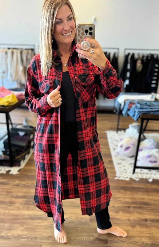 Michelle - Flannel Plaid Longline Shacket Embellished Collar Blouse