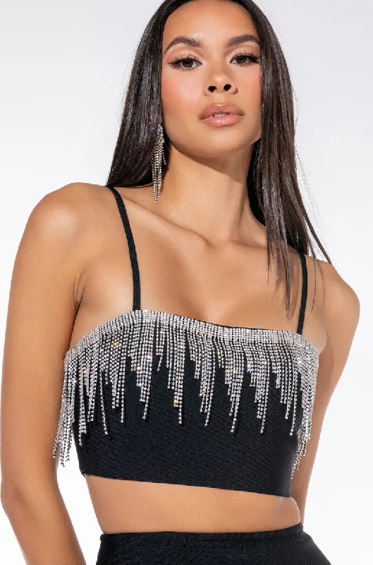THANK ME LATER BLOUSE WITH RHINESTONE FRINGE BLACK Elegant Peplum Blouse