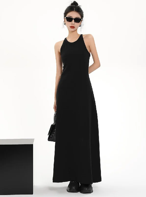 Black Sleeveless Maxi Dress - High Neck Fitted Column Evening Gown Comfortable Maxi Dress with Belt Black Sleeveless Maxi Dress - High Neck Fitted Column Evening Gown Comfortable Maxi Dress with Belt