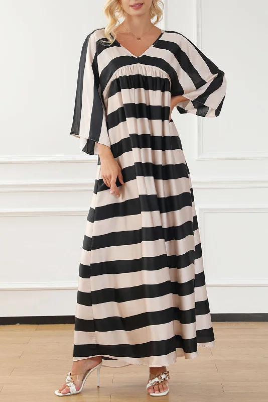 Black V Neck Kimono Sleeve Striped Maxi Dress Classic A-Line Maxi Dress