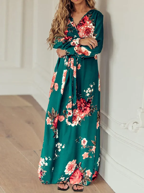 Casual V Neck Long Sleeve Loose Maxi Dress Fashionable Button-Down Maxi Dress