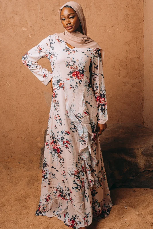 Blush Pink Ruffle Floral Maxi Dress With Sleeves-CLEARANCE Trendy Maxi Dress with Straps