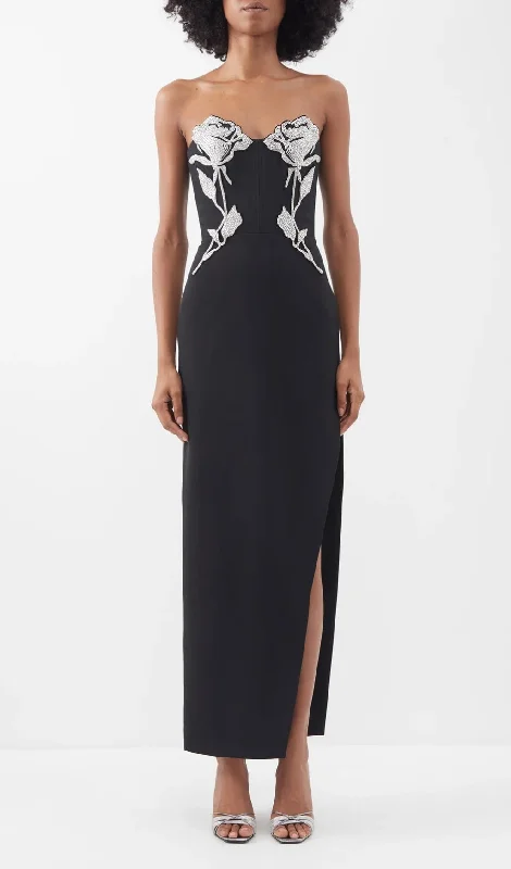 CRYSTAL FLOWER MAXI DRESS IN BLACK Fashionable Open-Back Maxi Dress