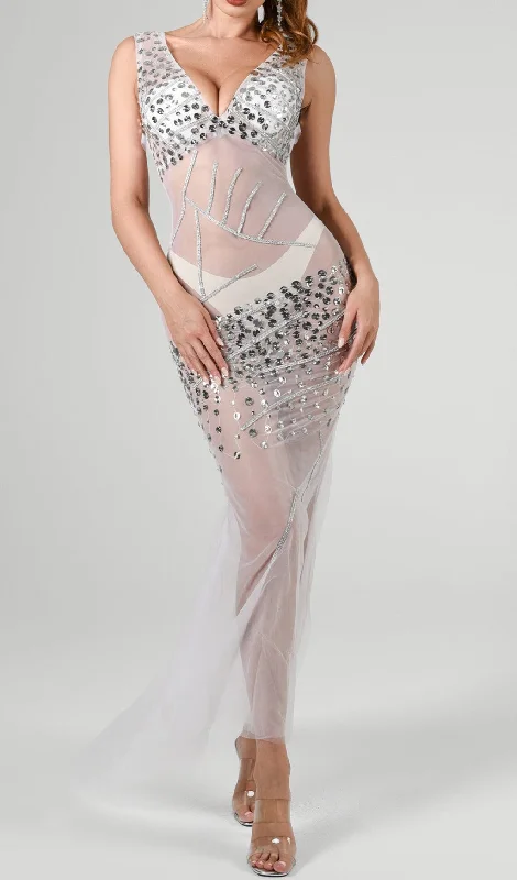 DITAYA MESH DIAMONATE MAXI DRESS Comfortable Maxi Dress with Belt