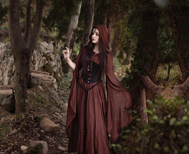 Hooded Medieval Maxi Dress with Drawstring at the back for All Size Trendy A-Line Maxi Dress