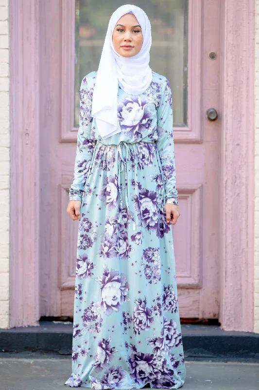 Mint Floral Drawstring Long Sleeve Maxi Dress Elegant Maxi Dress with Drapes