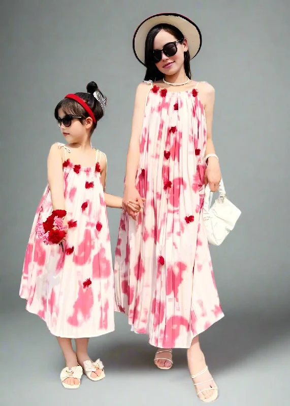 Mommy and Me Matching Pink Tie-Dye Pleated Maxi Dresses with Adjustable Straps Fashionable Halter Neck Maxi Dress Mommy and Me Matching Pink Tie-Dye Pleated Maxi Dresses with Adjustable Straps Fashionable Halter Neck Maxi Dress