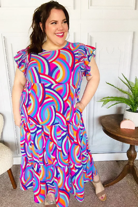 Feel Your Best Purple Abstract Print Smocked Ruffle Sleeve Maxi Dress Elegant Tiered Maxi Dress Feel Your Best Purple Abstract Print Smocked Ruffle Sleeve Maxi Dress Elegant Tiered Maxi Dress