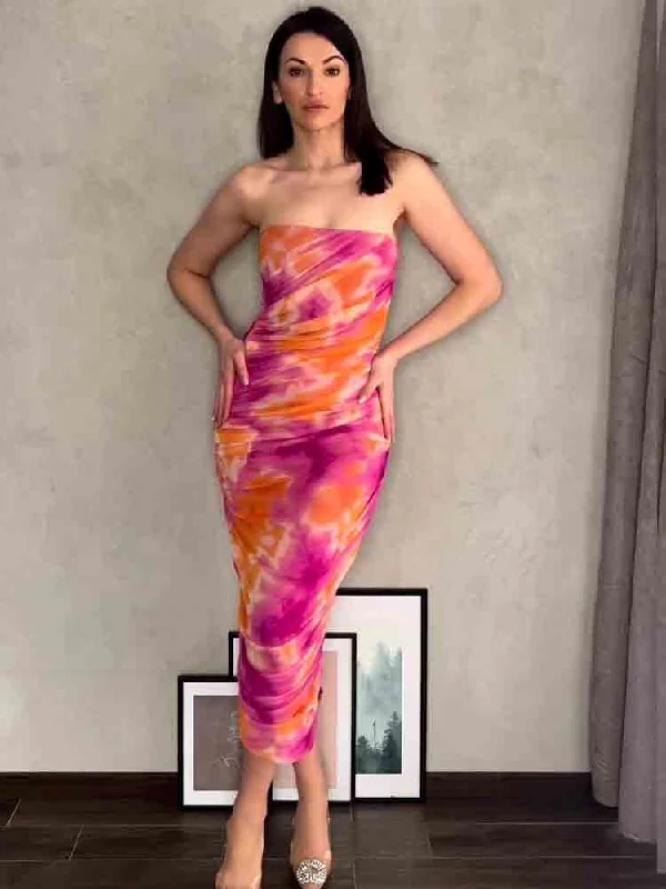 Summer Women Sexy Off Shoulder Print Tulle Maxi Dresses Chic Backless Sleeveless Dress Elegant Slim Party Club Lady Vestido Trendy V-Neck Maxi Dress
