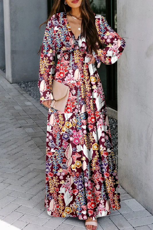 Violet V Neck Floral Print Empire Waist Maxi Dress Trendy Fit-and-Flare Maxi Dress
