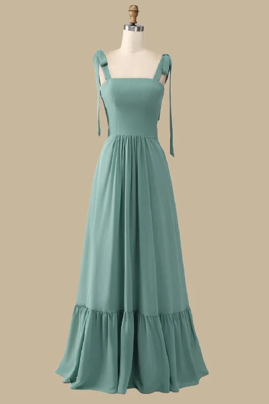 A-Line Green Maxi Dress with Bow Straps Chic Summer Floral Maxi Dress