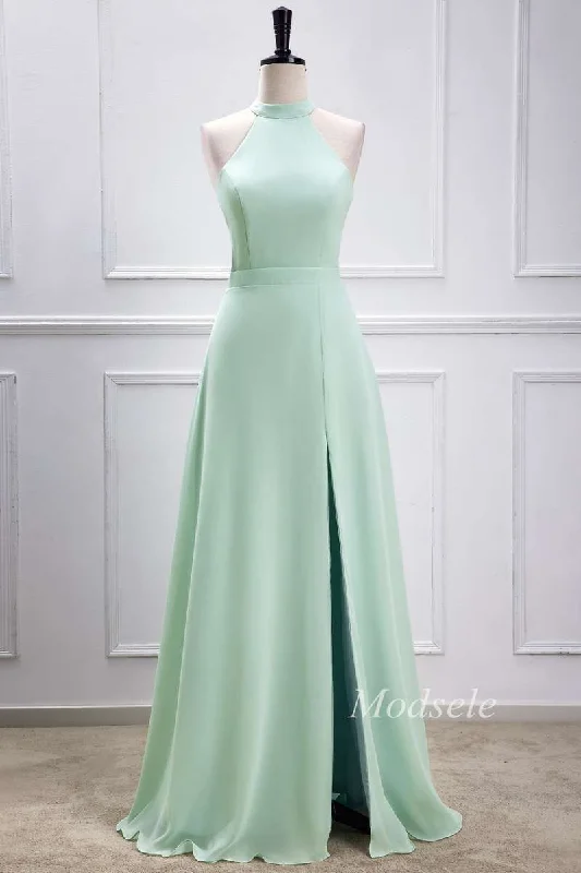 Sage Green Halter Maxi Dress with Slit Fashionable Halter Neck Maxi Dress