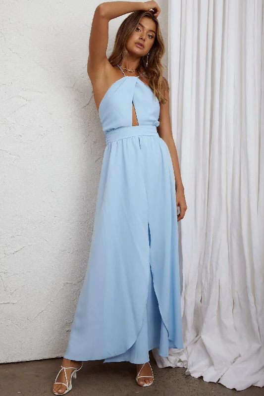 Athena High Split Maxi Dress Steel Blue Elegant Pleated Maxi Dress