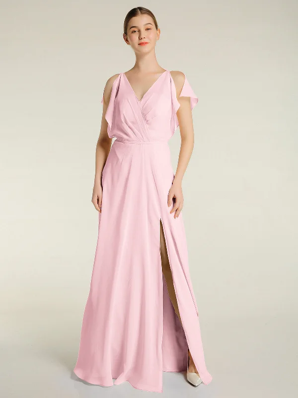 V Neckline Chiffon Maxi Dresses with Slit Blushing Pink Trendy Button Front Maxi Dress V Neckline Chiffon Maxi Dresses with Slit Blushing Pink Trendy Button Front Maxi Dress