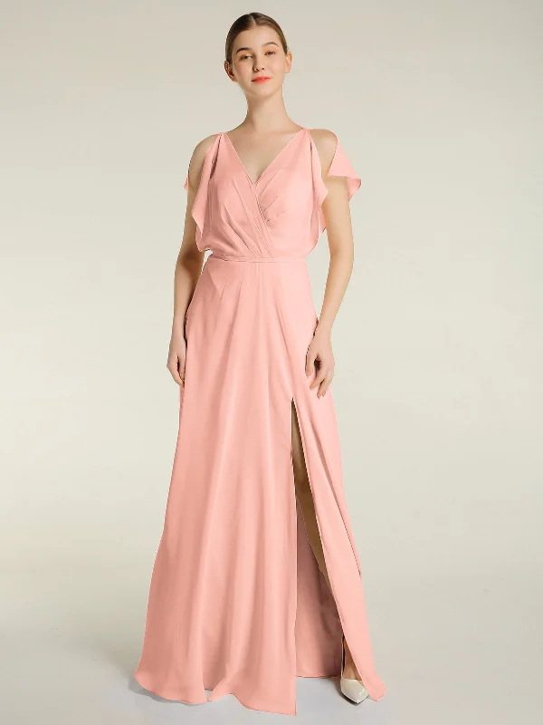V Neckline Chiffon Maxi Dresses with Slit Coral Comfortable Ruffle Hem Maxi Dress