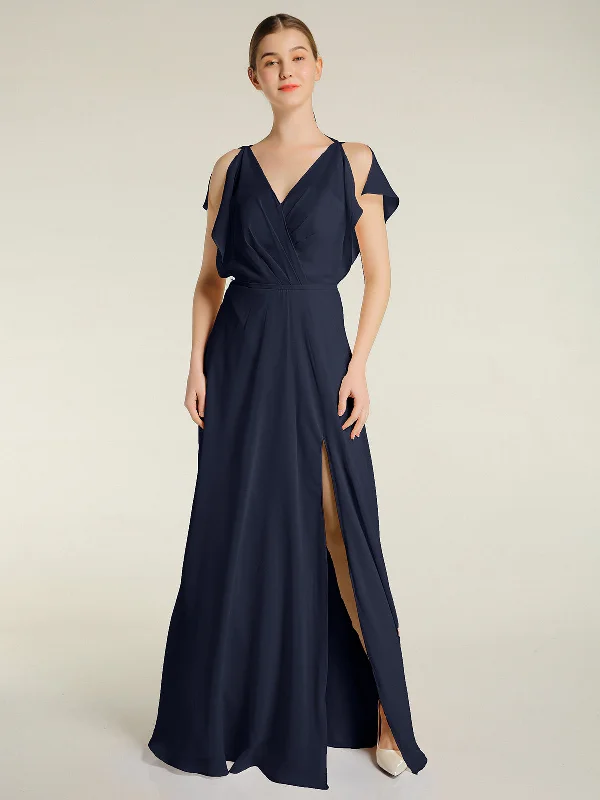 V Neckline Chiffon Maxi Dresses with Slit Dark Navy Stylish Pleated A-Line Maxi Dress V Neckline Chiffon Maxi Dresses with Slit Dark Navy Stylish Pleated A-Line Maxi Dress