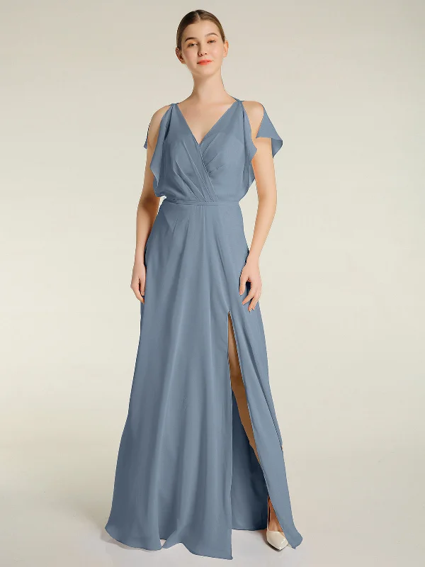 V Neckline Chiffon Maxi Dresses with Slit Dusty Blue Comfortable Ruffle Maxi Dress