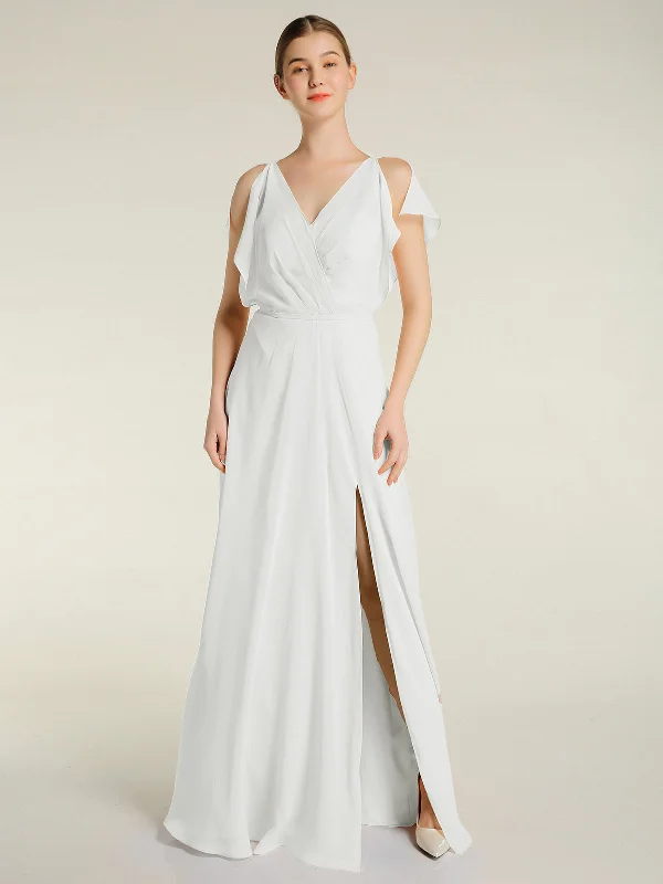 V Neckline Chiffon Maxi Dresses with Slit Ivory Trendy Maxi Dress with Bow