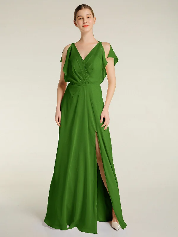 V Neckline Chiffon Maxi Dresses with Slit Moss Elegant Wraparound Maxi Dress