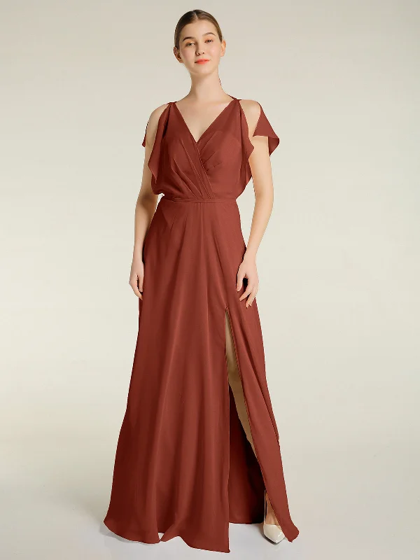 V Neckline Chiffon Maxi Dresses with Slit Rust Casual Maxi Dress with Pockets