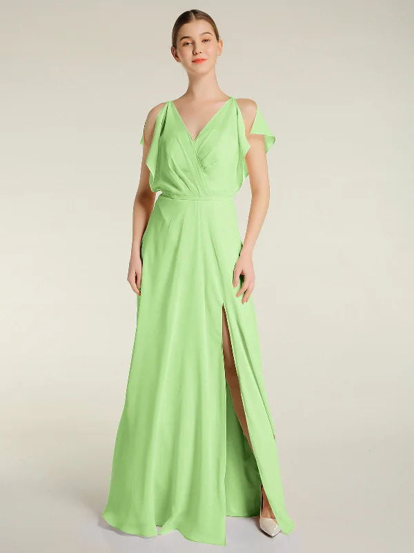 V Neckline Chiffon Maxi Dresses with Slit Sage Fashionable Layered Maxi Dress