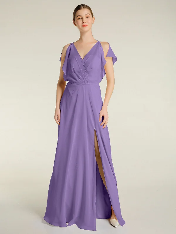 V Neckline Chiffon Maxi Dresses with Slit Tahiti Stylish Pleated A-Line Maxi Dress