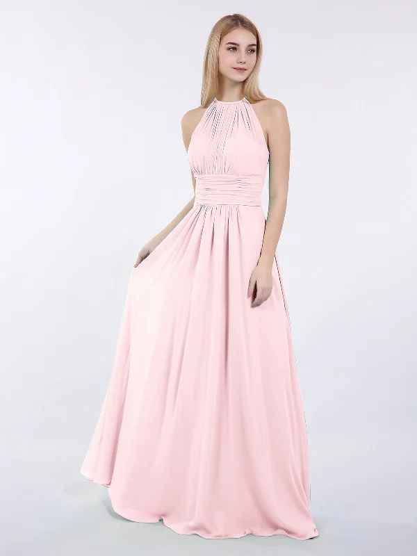 Halter Chiffon Maxi Dress of Bridesmaid Blushing Pink Cozy Ruffle Sleeve Maxi Dress