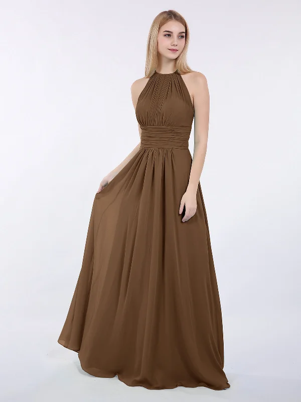 Halter Chiffon Maxi Dress of Bridesmaid Brown Fashionable Sleeveless Maxi Dress