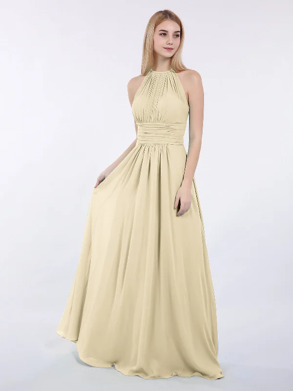 Halter Chiffon Maxi Dress of Bridesmaid Champagne Classic A-Line Maxi Dress