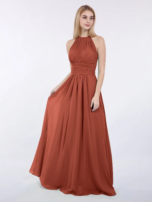 Halter Chiffon Maxi Dress of Bridesmaid Rust Stylish Maxi Dress with Pleats