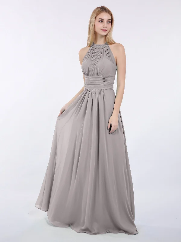 Halter Chiffon Maxi Dress of Bridesmaid Silver Comfortable Casual Maxi Dress